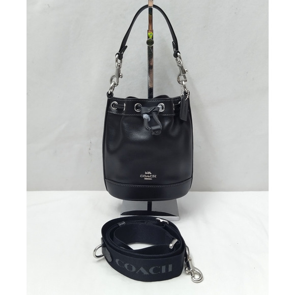 Coach Mini Bucket Black Leather Drawstring Crossbody Bag - New - Picture 1 of 15